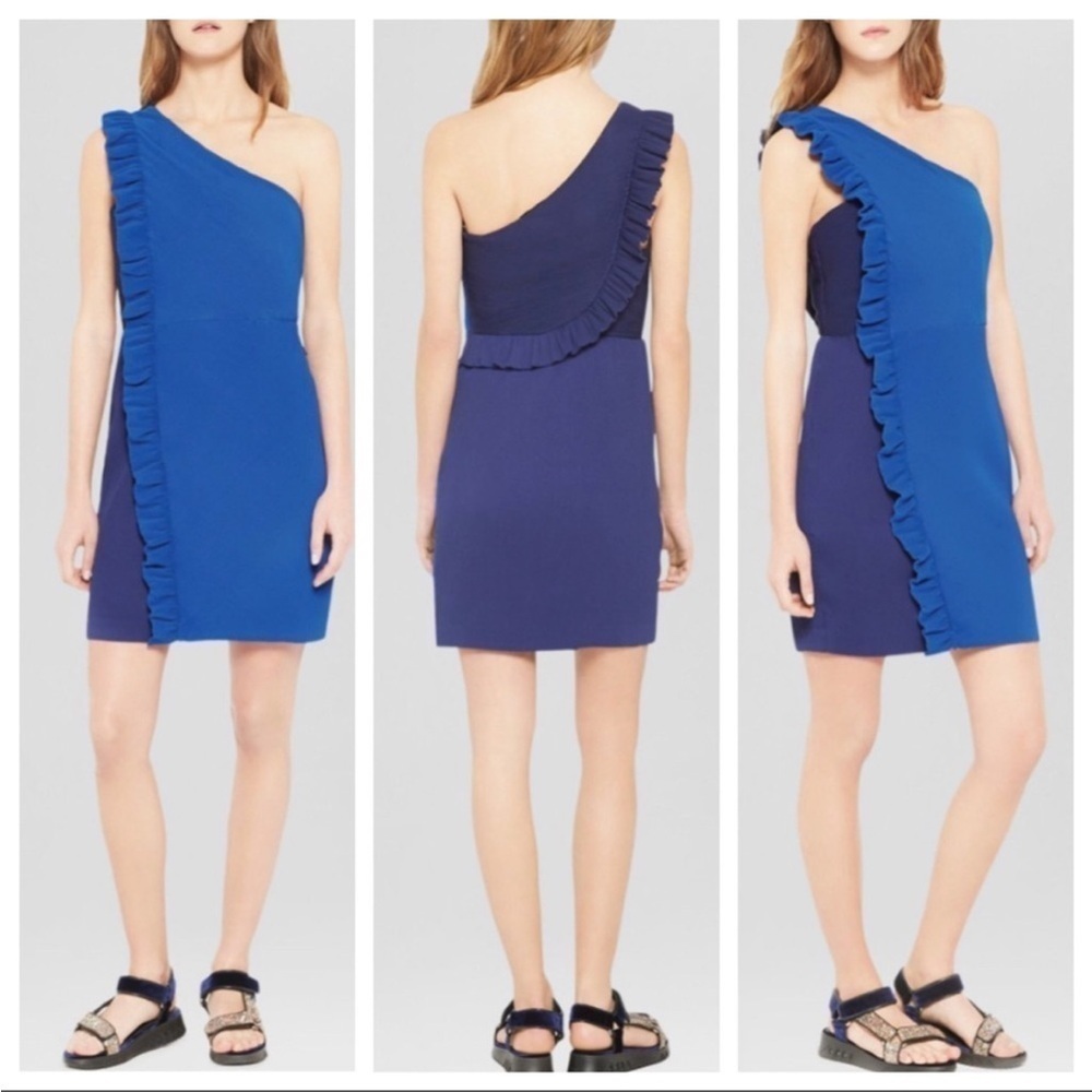 Sandro Rdv Blue One Shoulder Ruffled Crepe Mini Dress - Picture 2 of 14
